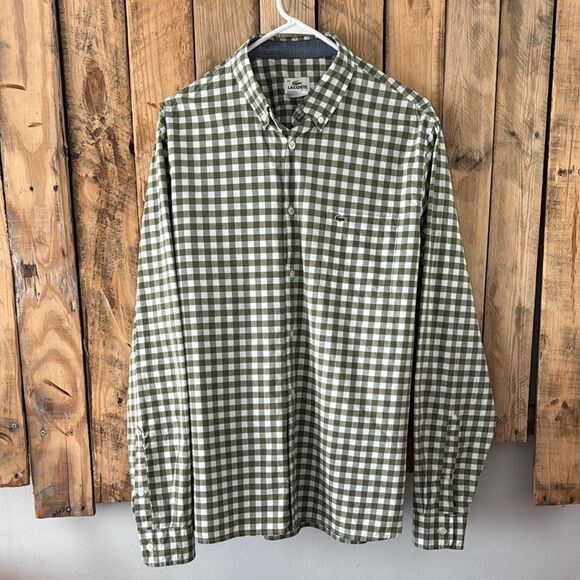 Lacoste Men’s 42 XL Button Down Long‎ Sleeve Green White Checkered Gingham Shirt - Picture 1 of 16